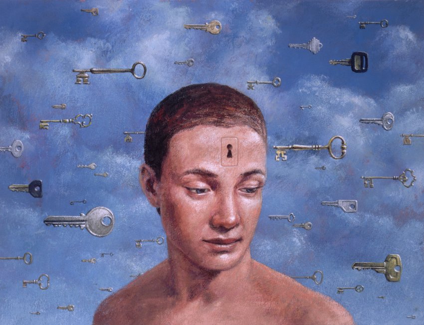 Person With Keyhole In Forehead Surrounded by Floating Keys